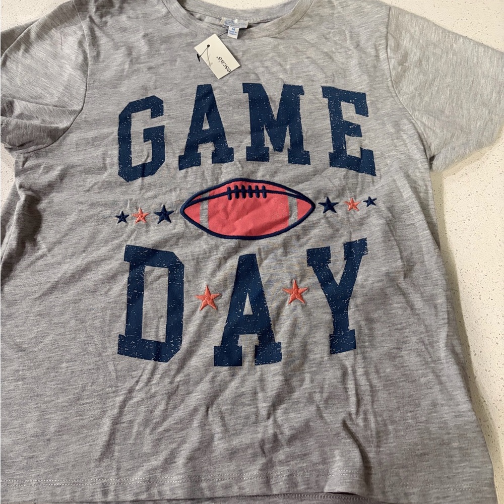 Francescas Gray Game Day T-Shirt with Blue and Pink Design